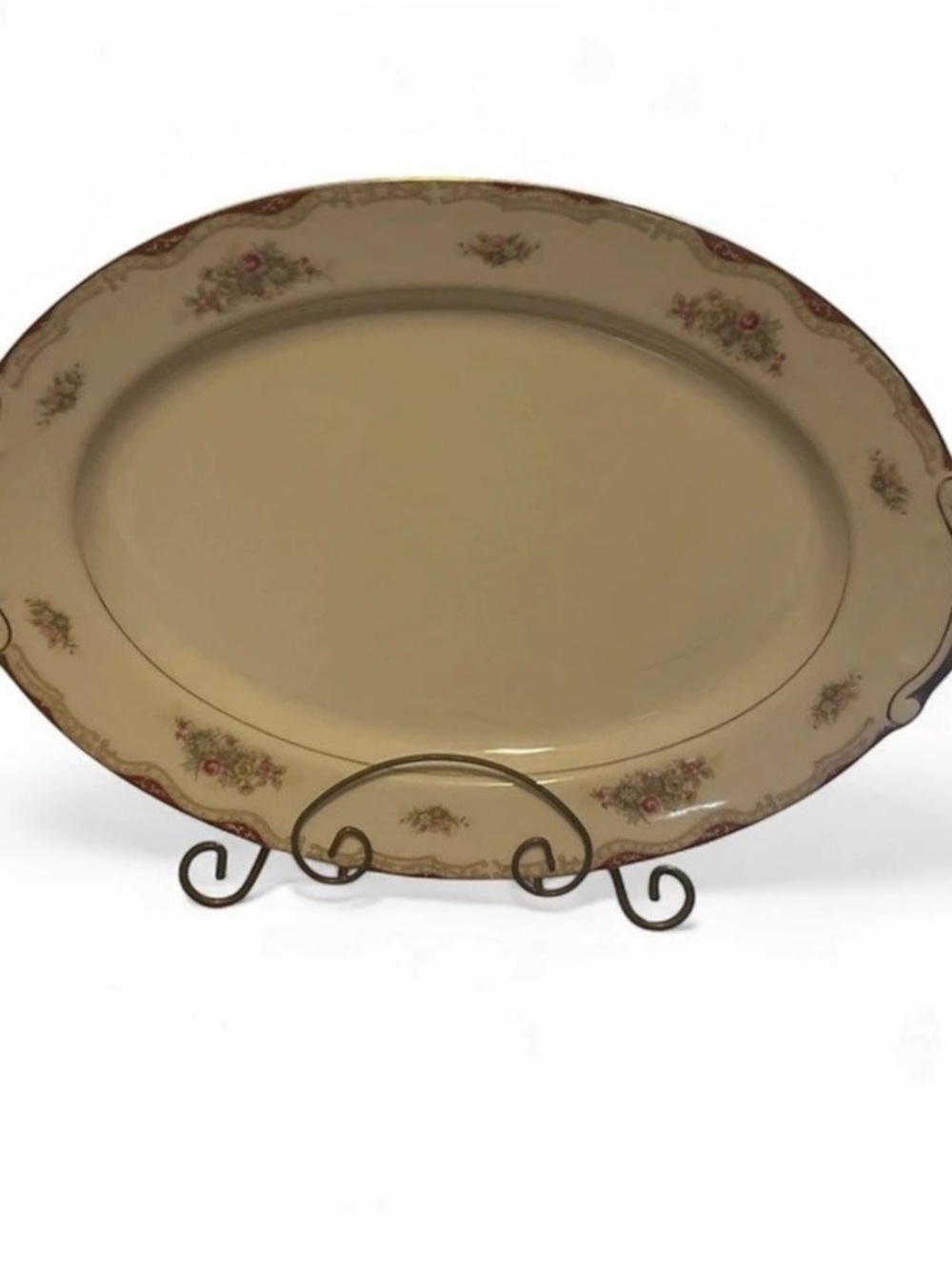 Floral Oval Serving Platter with Stand in Brown & Cream